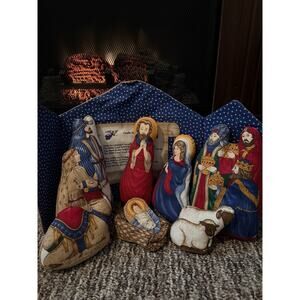 Vintage Soft Fabric Nativity Set Cradle Hymn Stuffed Figures Manger